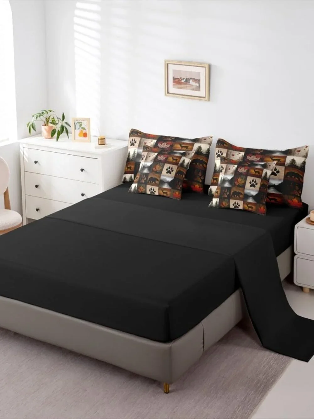 Bear Cabin Plaid Queen Comforter Set with Sheets 7 Piece Retro Hunting Deer Bed